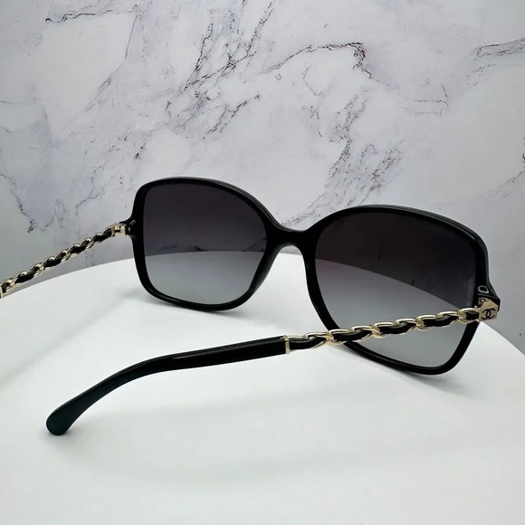CHANEL Sunglasses Black Gold Chain Arms Interlocking CC Logo Acetate Square New - Picture 12 of 16